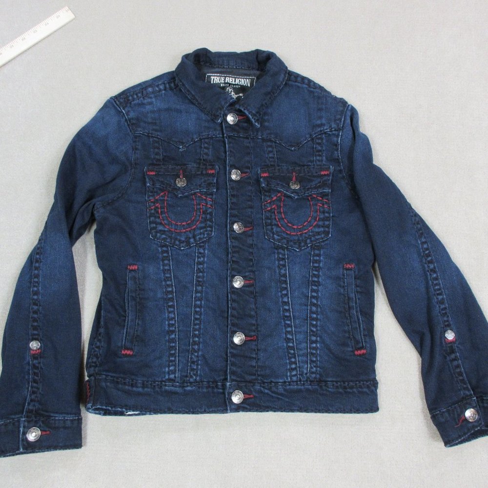 True Religion Jacket Mens Small Blue Denim Jean Button Up Coat Dark Wash Adult